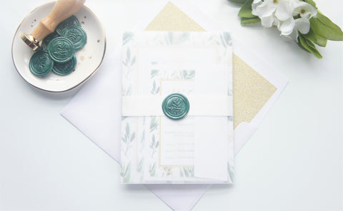 Green and Gold Vellum and Wax Seal Wedding Invitation - DEPOSIT