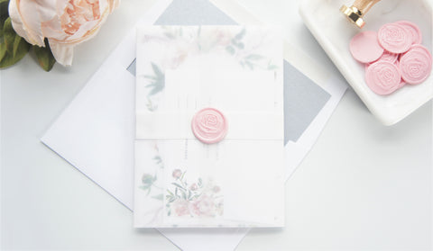 Pink and Green Floral Vellum and Wax Seal Wedding Invitation - DEPOSIT
