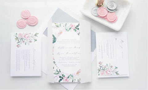 Pink Floral Vellum and Wax Seal Wedding Invitation - SAMPLE SET