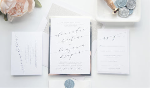 Dusty Blue Calligraphy Vellum and Wax Seal Wedding Invitation - SAMPLE SET