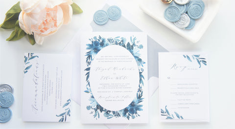Blue Floral Vellum and Wax Seal Wedding Invitation - SAMPLE SET