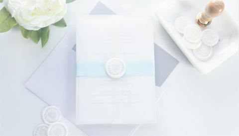 Minimal Blue Vellum and Wax Seal Wedding Invitation - DEPOSIT