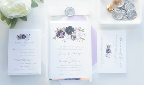 Purple Floral Vellum and Wax Seal Wedding Invitation - SAMPLE SET