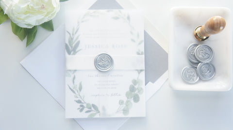 Garden Wreath Vellum and Wax Seal Wedding Invitation - SAMPLE SET