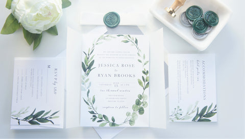 Green and Silver Vellum and Wax Seal Wedding Invitation - SAMPLE SET