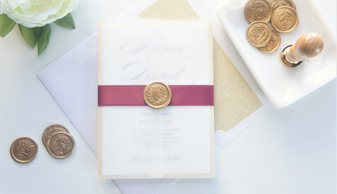 Burgundy and Gold Vellum and Wax Seal Wedding Invitation - DEPOSIT