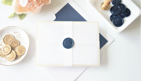Navy and Gold Vellum and Wax Seal Wedding Invitation - DEPOSIT