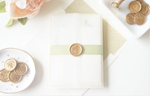 Greenery and Gold Vellum and Wax Seal Wedding Invitation - DEPOSIT