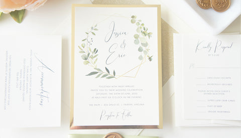 Green and Gold Vellum and Wax Seal Wedding Invitation - SAMPLE SET