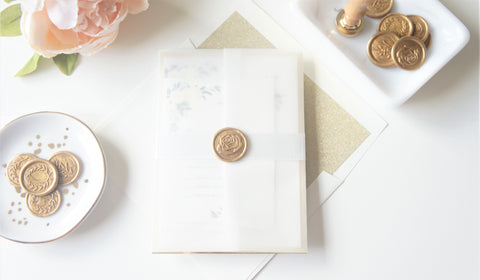 Ivory and Gold Floral Vellum and Wax Seal Wedding Invitation - DEPOSIT