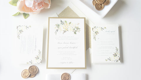 White and Gold Floral Vellum and Wax Seal Wedding Invitation - SAMPLE SET