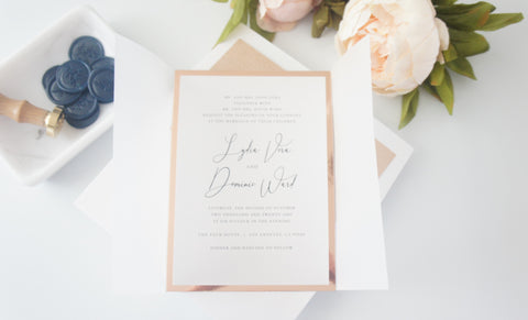 Navy and Rose Gold Vellum and Wax Seal Wedding Invitation - DEPOSIT